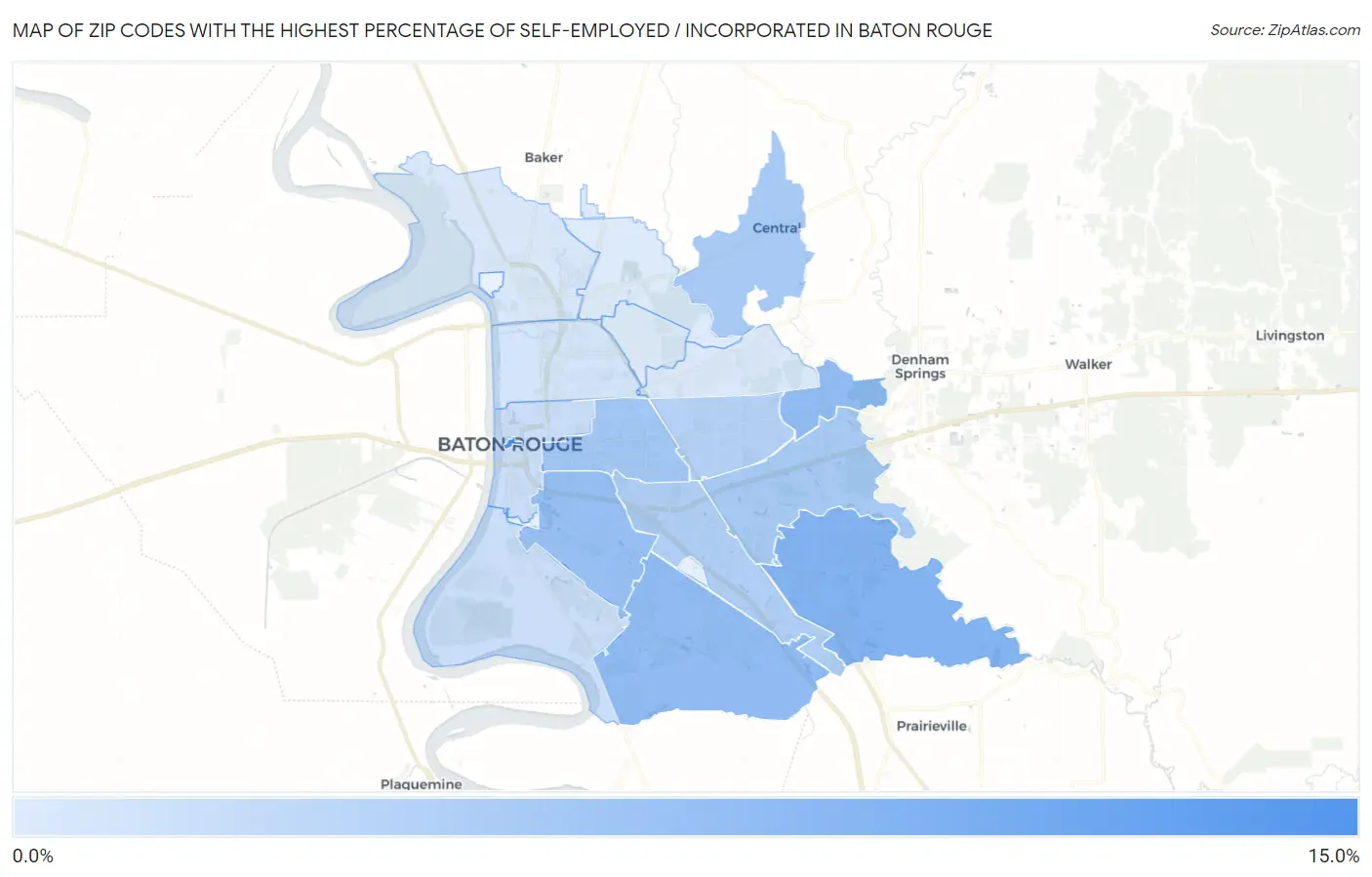 Zip Codes with the Highest Percentage of Self-Employed / Incorporated in Baton Rouge Map