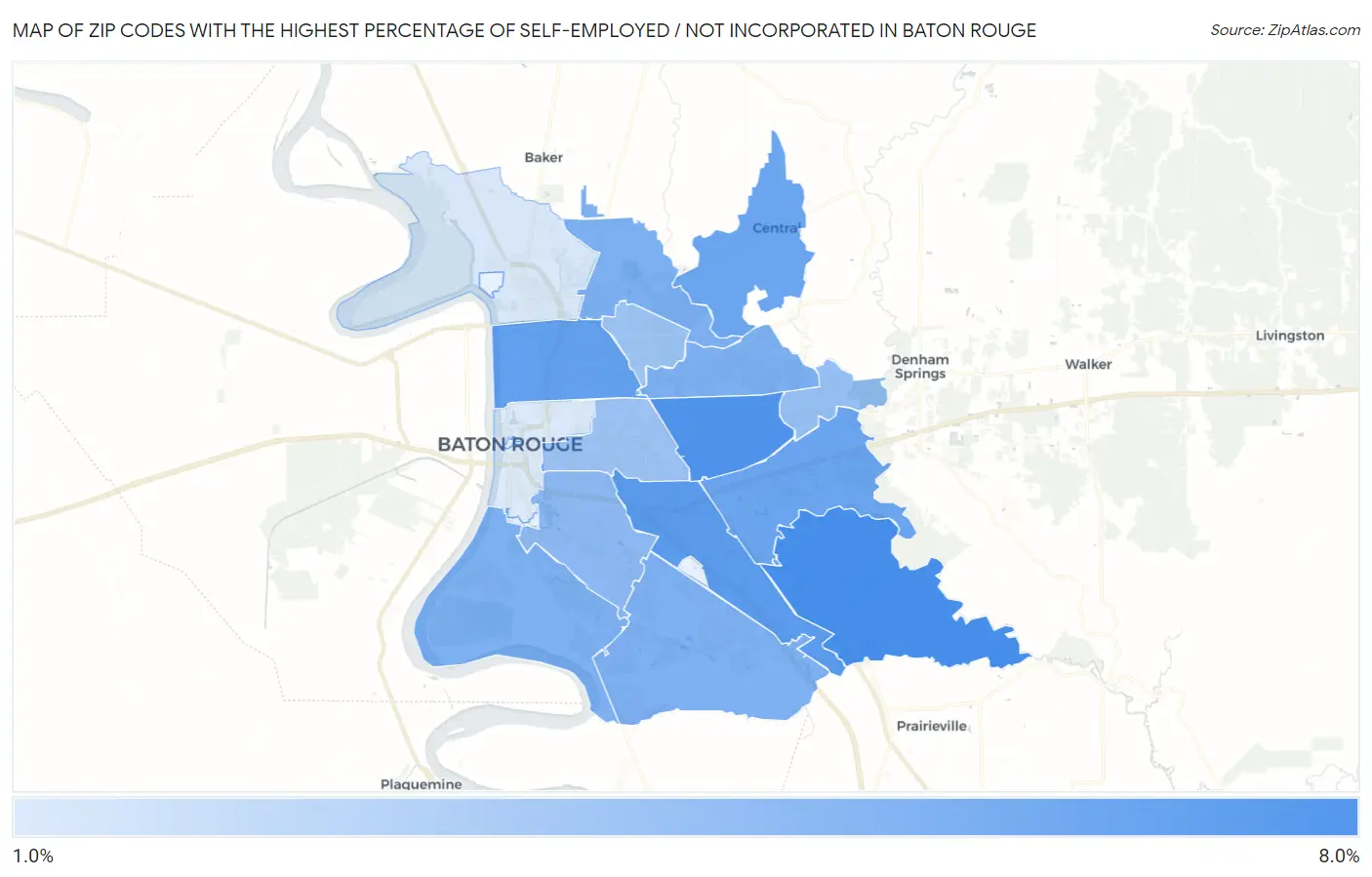 Zip Codes with the Highest Percentage of Self-Employed / Not Incorporated in Baton Rouge Map