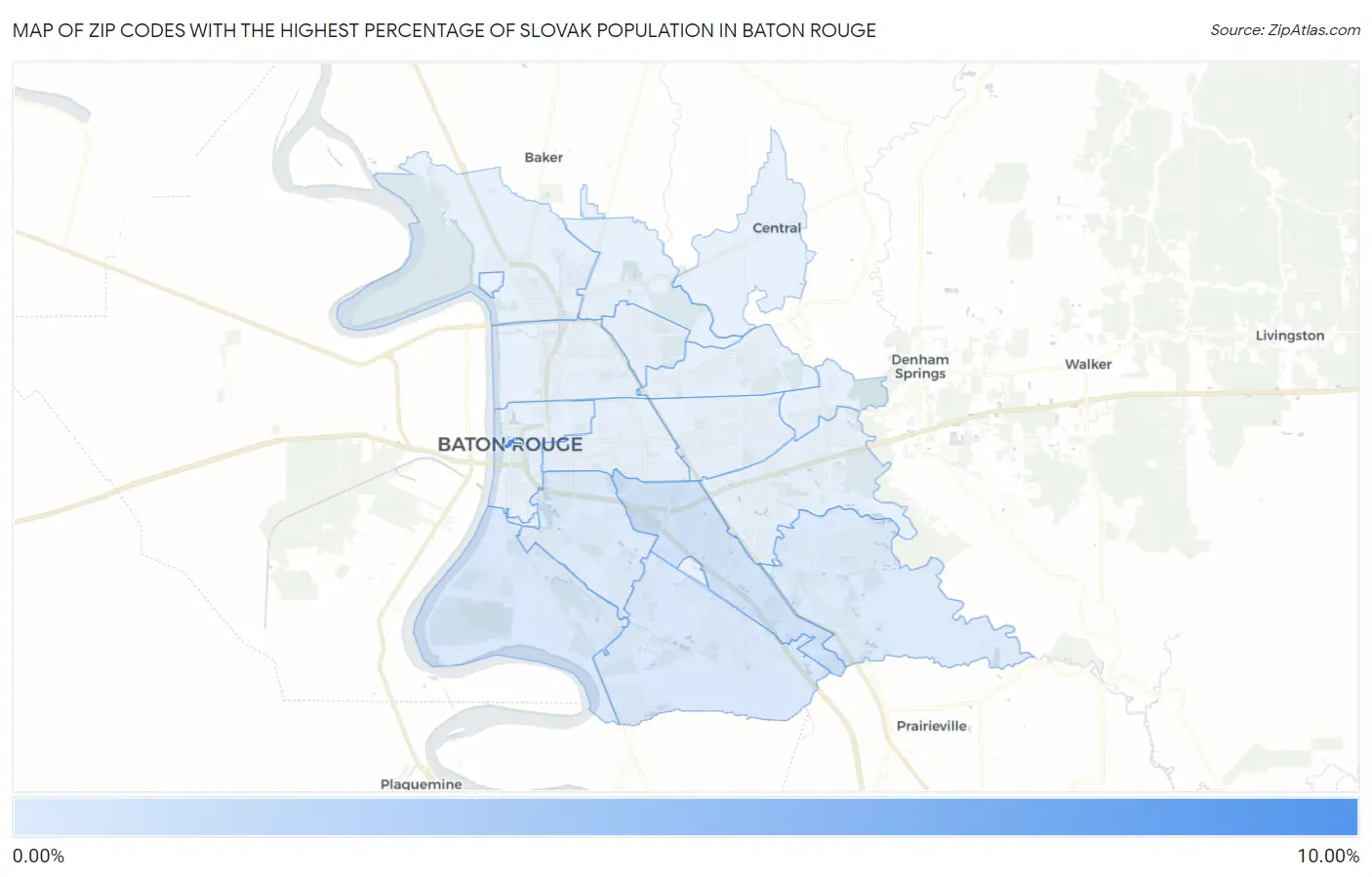 Zip Codes with the Highest Percentage of Slovak Population in Baton Rouge Map