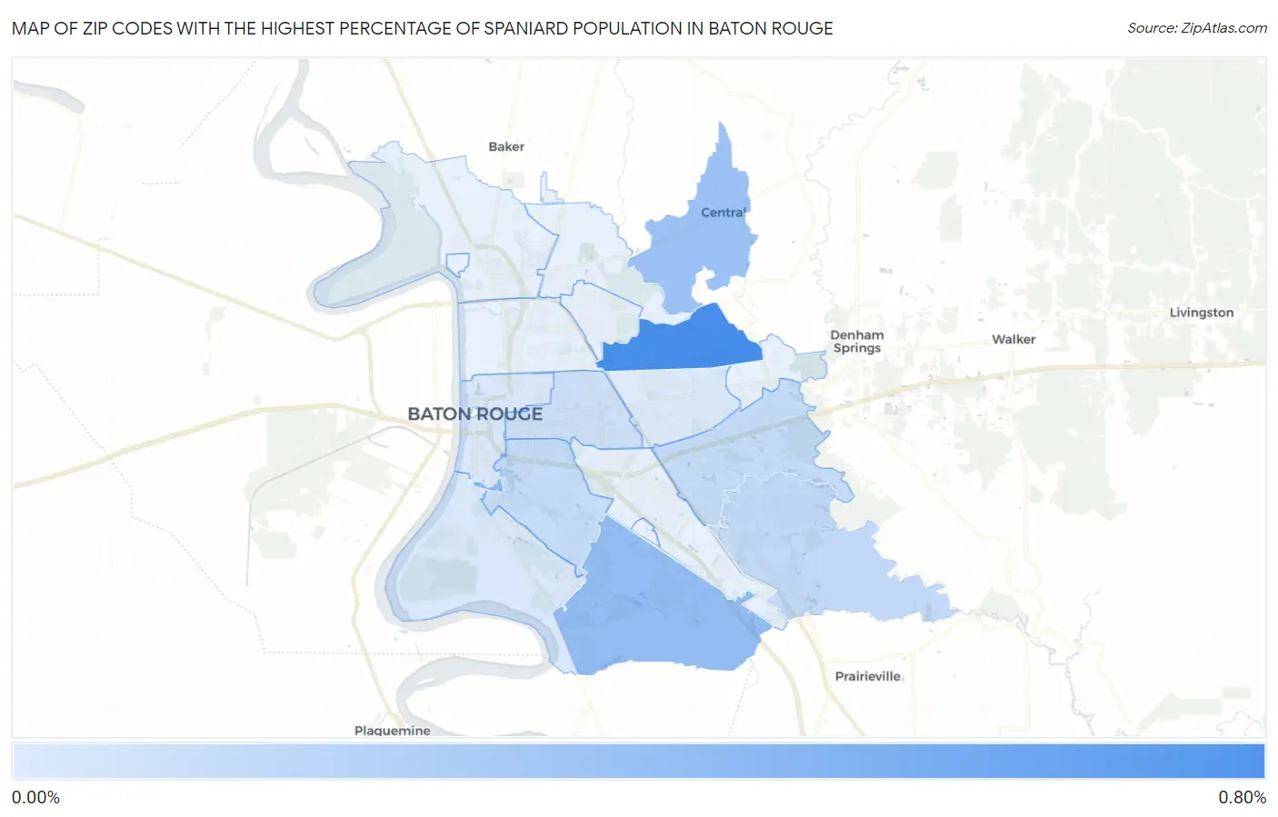 Zip Codes with the Highest Percentage of Spaniard Population in Baton Rouge Map