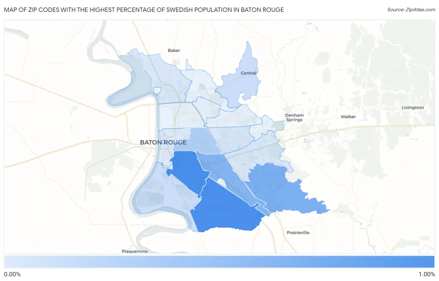 Zip Codes with the Highest Percentage of Swedish Population in Baton Rouge Map