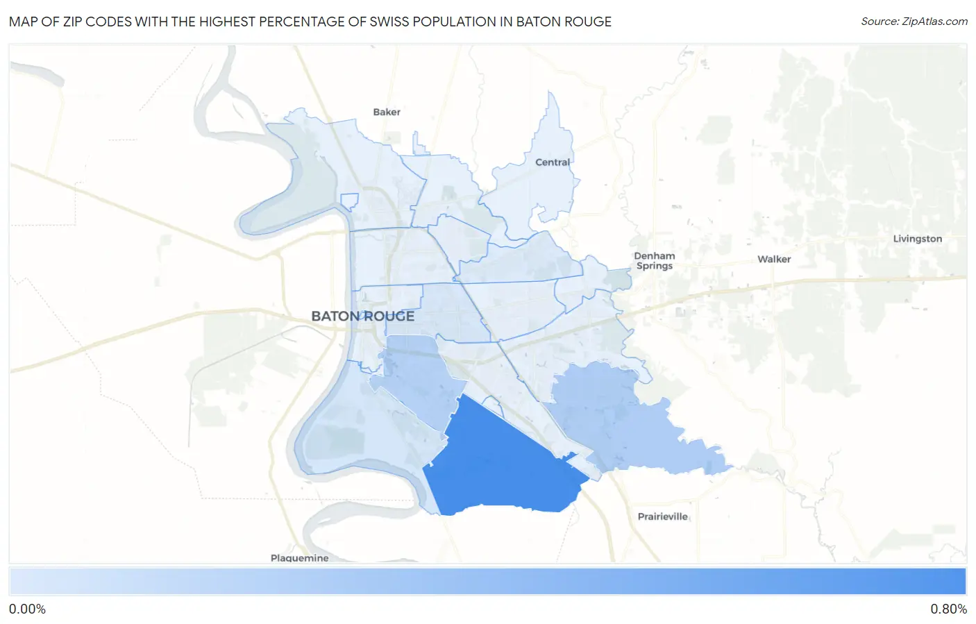 Zip Codes with the Highest Percentage of Swiss Population in Baton Rouge Map