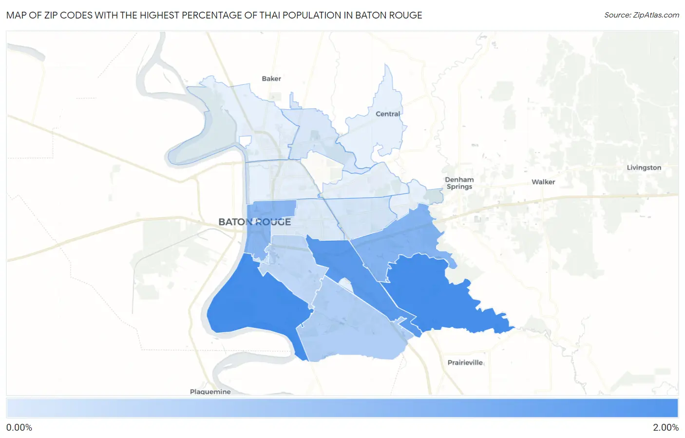 Zip Codes with the Highest Percentage of Thai Population in Baton Rouge Map