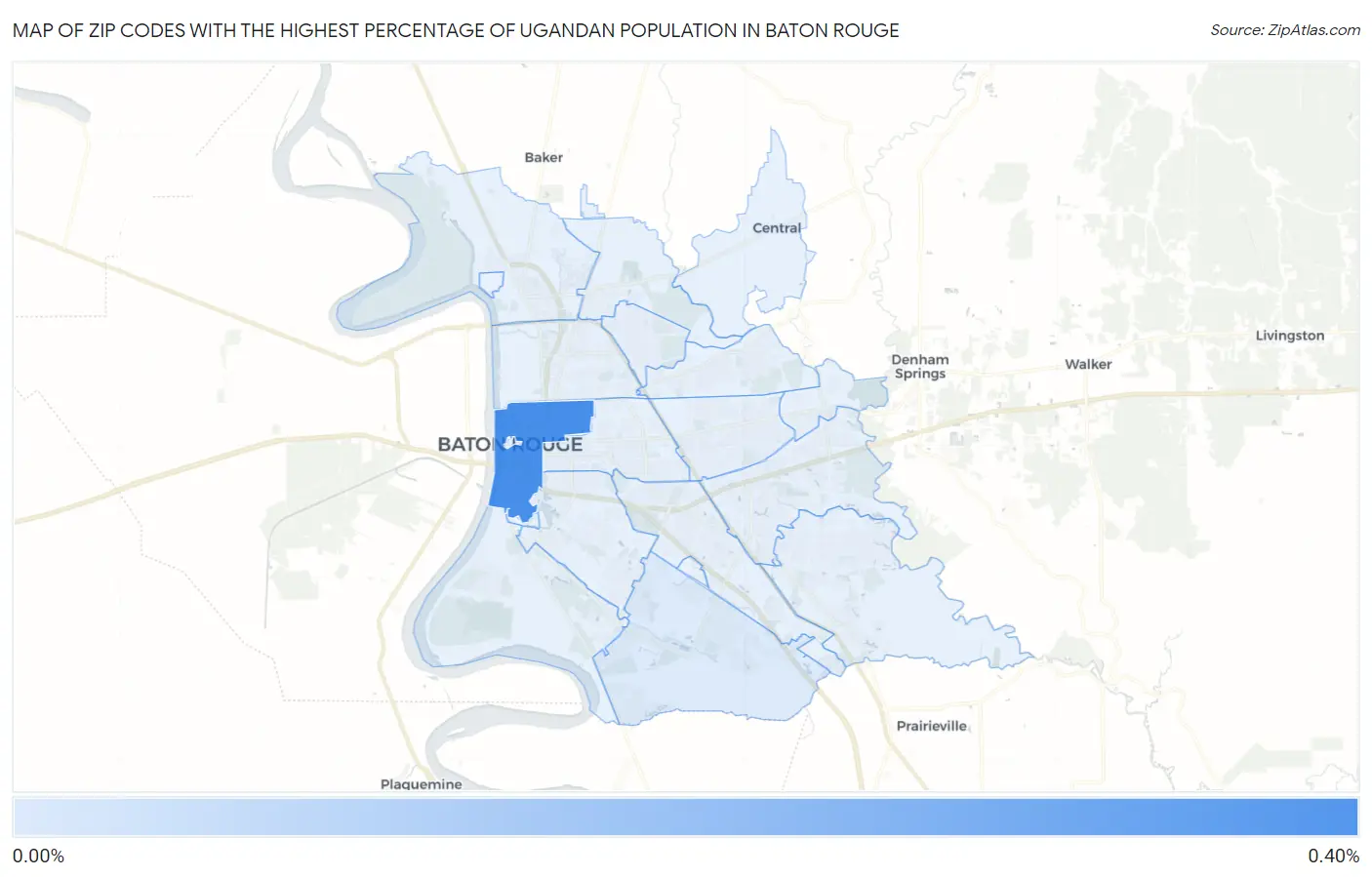 Zip Codes with the Highest Percentage of Ugandan Population in Baton Rouge Map