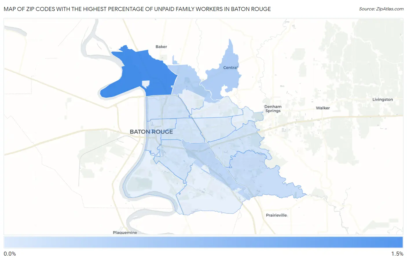 Zip Codes with the Highest Percentage of Unpaid Family Workers in Baton Rouge Map