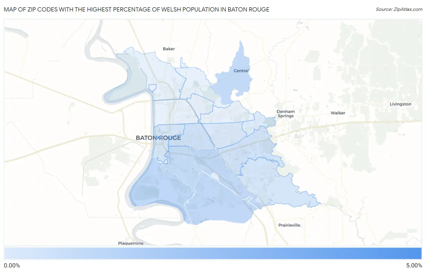Zip Codes with the Highest Percentage of Welsh Population in Baton Rouge Map
