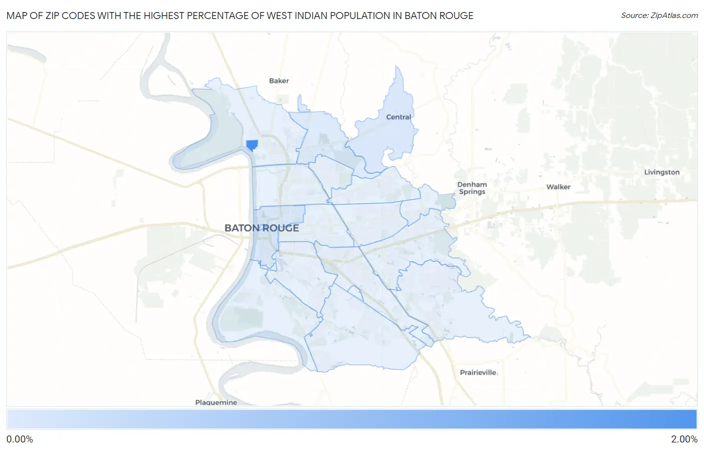 Zip Codes with the Highest Percentage of West Indian Population in Baton Rouge Map