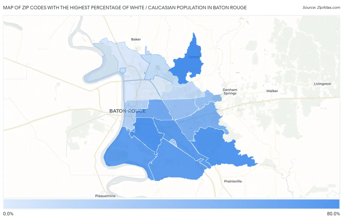 Zip Codes with the Highest Percentage of White / Caucasian Population in Baton Rouge Map