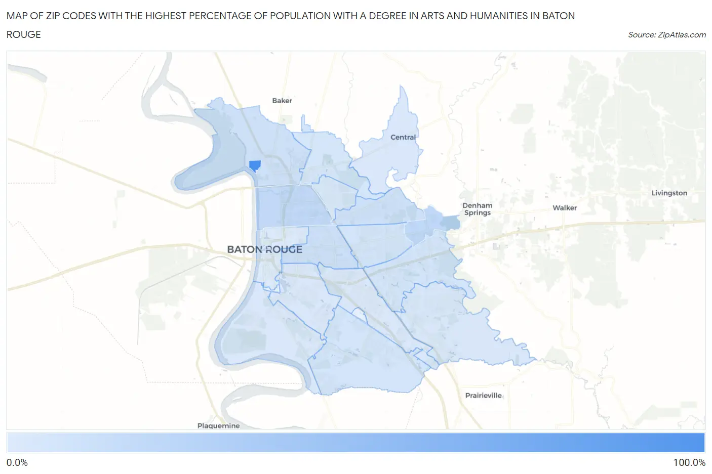 Zip Codes with the Highest Percentage of Population with a Degree in Arts and Humanities in Baton Rouge Map