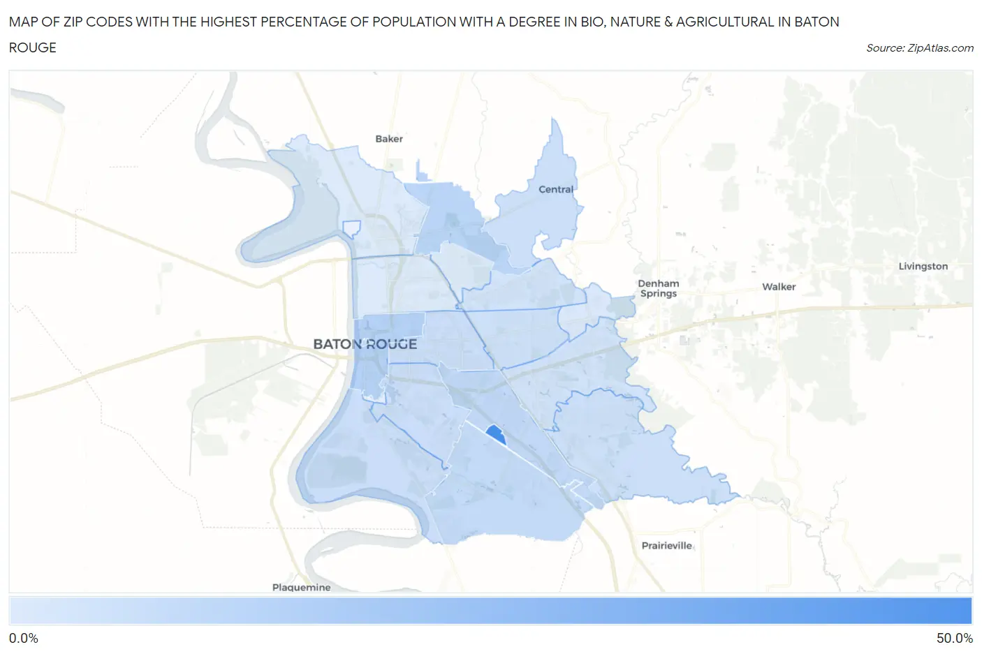 Zip Codes with the Highest Percentage of Population with a Degree in Bio, Nature & Agricultural in Baton Rouge Map
