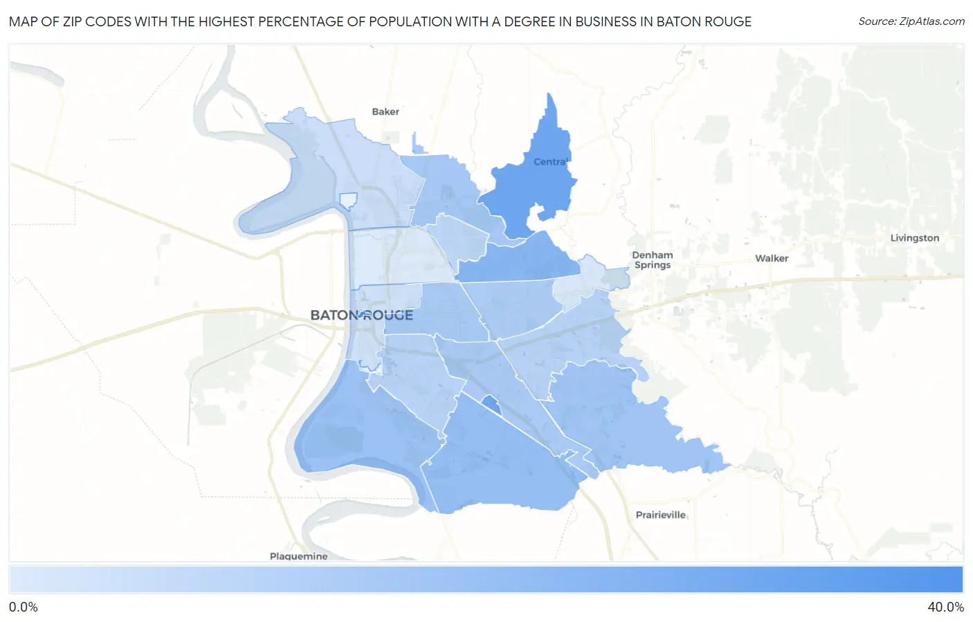 Zip Codes with the Highest Percentage of Population with a Degree in Business in Baton Rouge Map