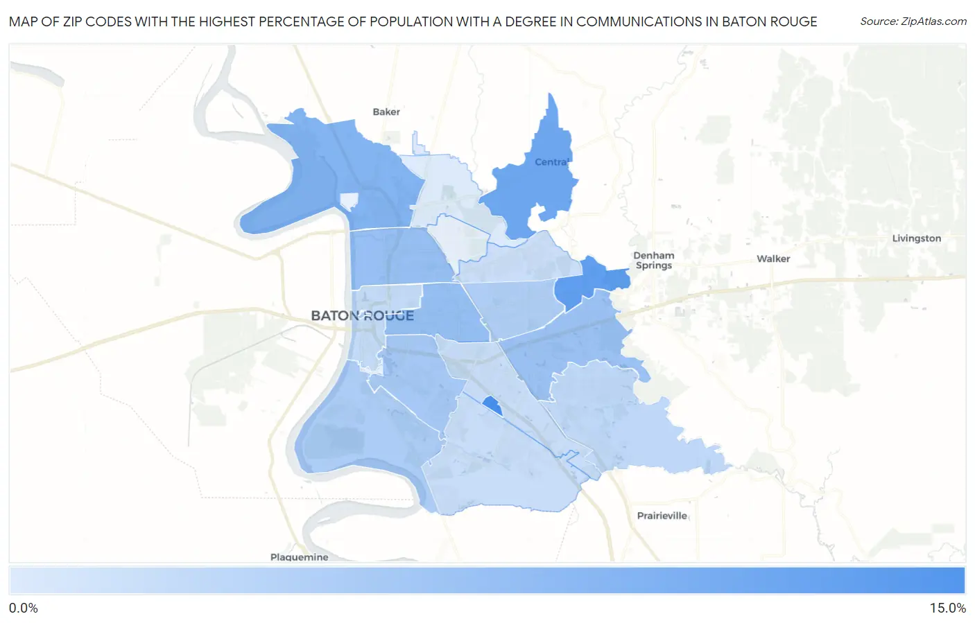 Zip Codes with the Highest Percentage of Population with a Degree in Communications in Baton Rouge Map