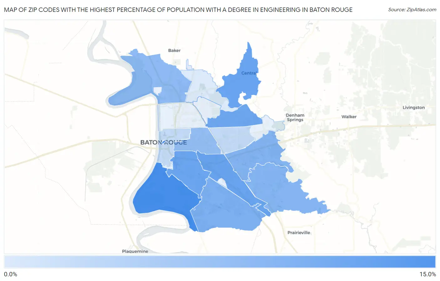 Zip Codes with the Highest Percentage of Population with a Degree in Engineering in Baton Rouge Map