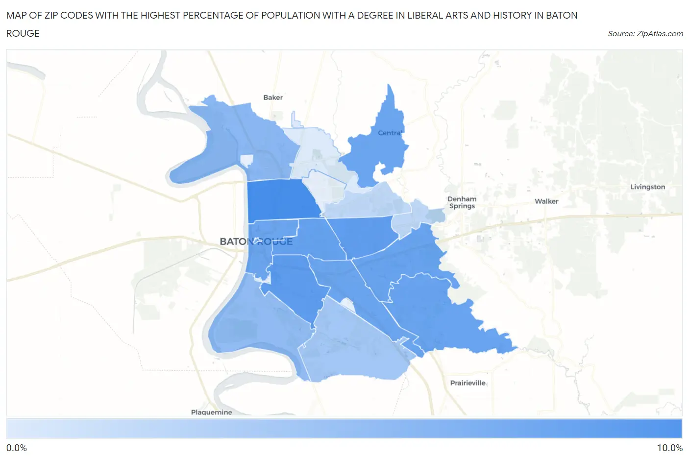 Zip Codes with the Highest Percentage of Population with a Degree in Liberal Arts and History in Baton Rouge Map