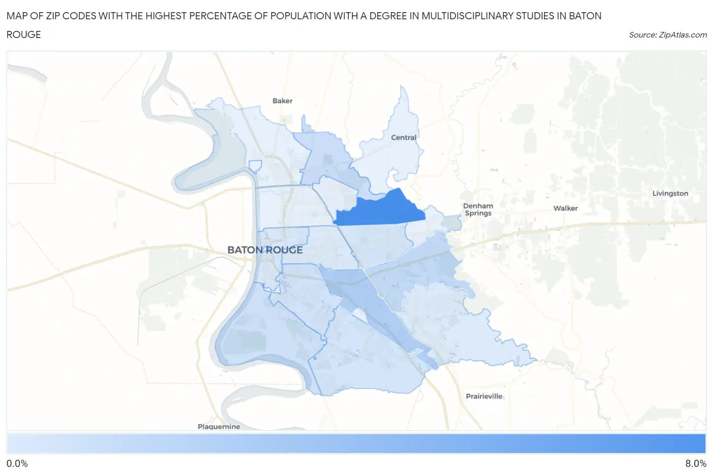 Zip Codes with the Highest Percentage of Population with a Degree in Multidisciplinary Studies in Baton Rouge Map