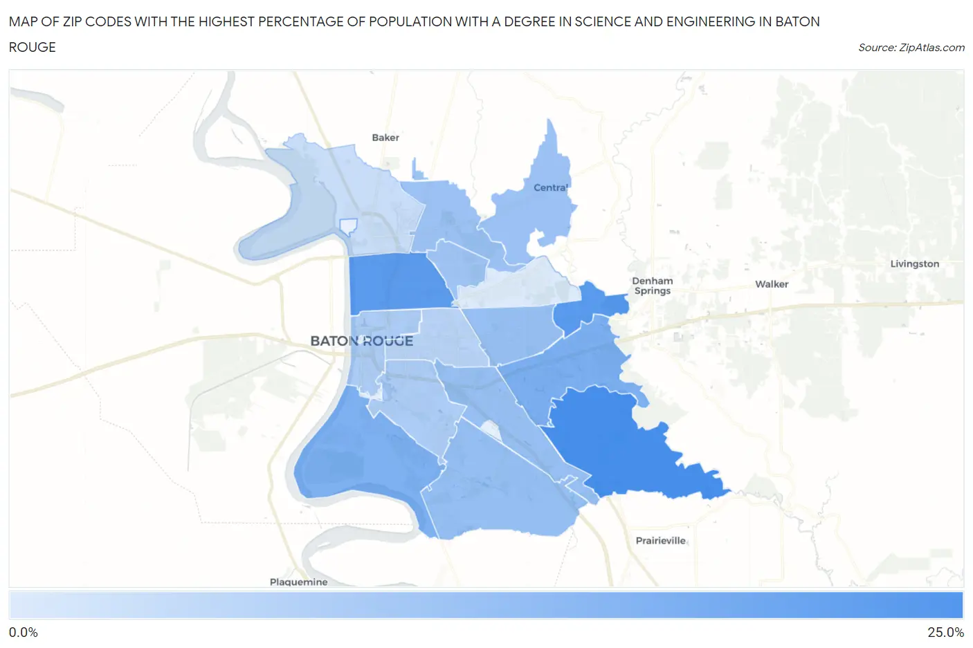 Zip Codes with the Highest Percentage of Population with a Degree in Science and Engineering in Baton Rouge Map