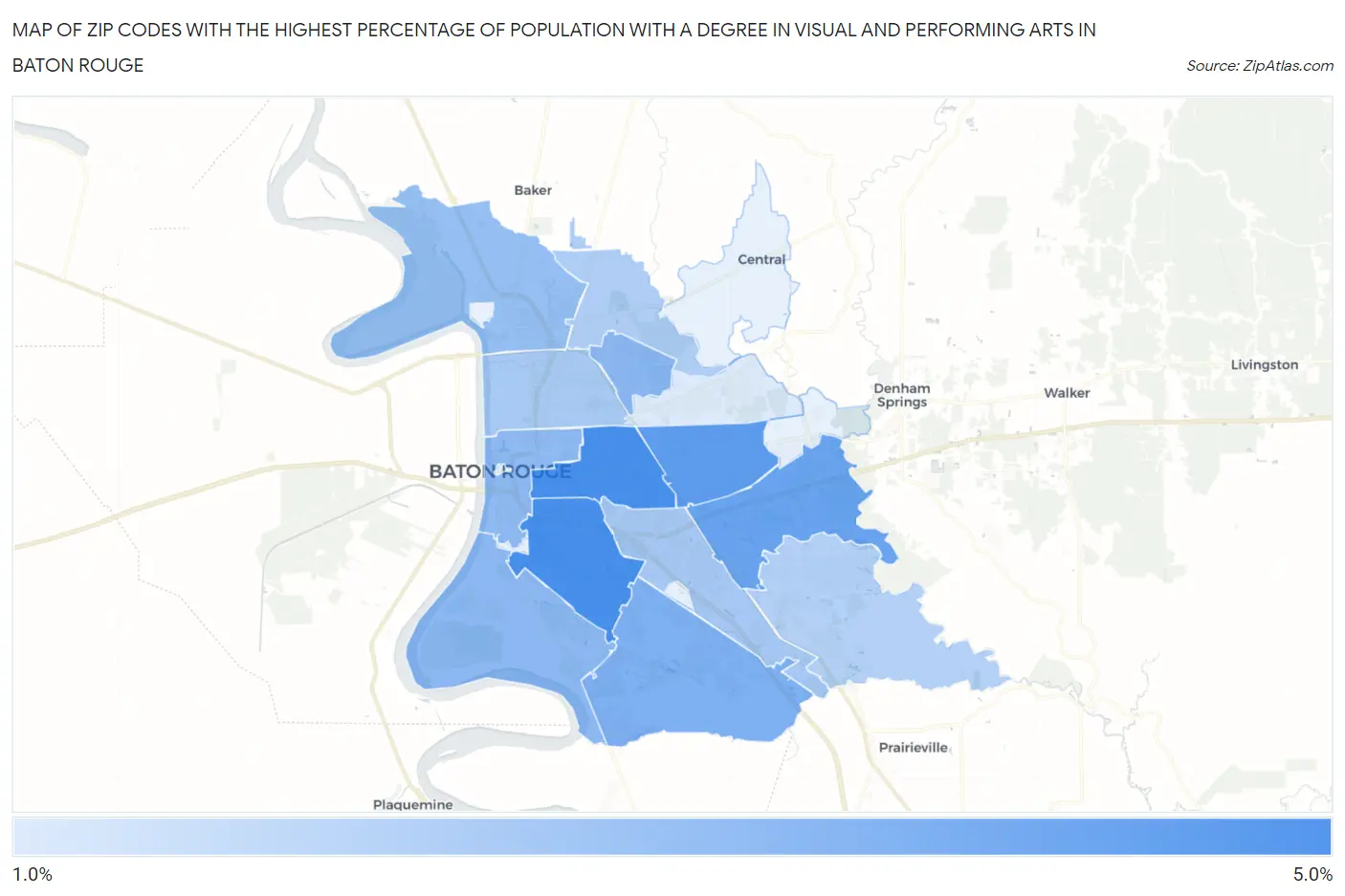 Zip Codes with the Highest Percentage of Population with a Degree in Visual and Performing Arts in Baton Rouge Map