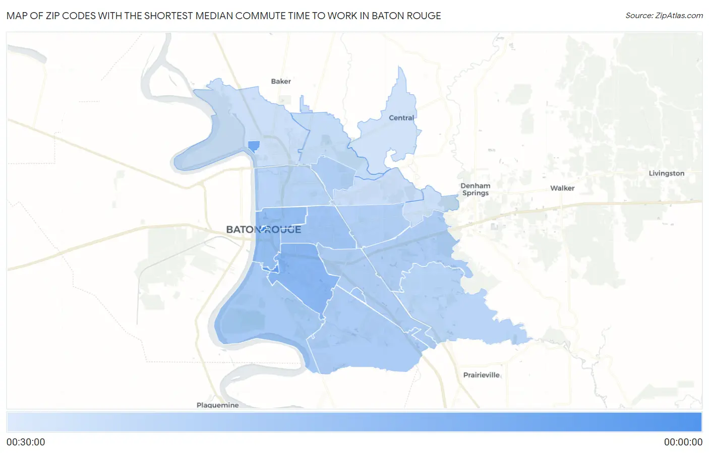 Zip Codes with the Shortest Median Commute Time to Work in Baton Rouge Map