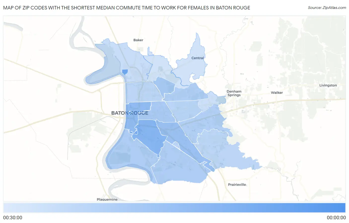 Zip Codes with the Shortest Median Commute Time to Work for Females in Baton Rouge Map