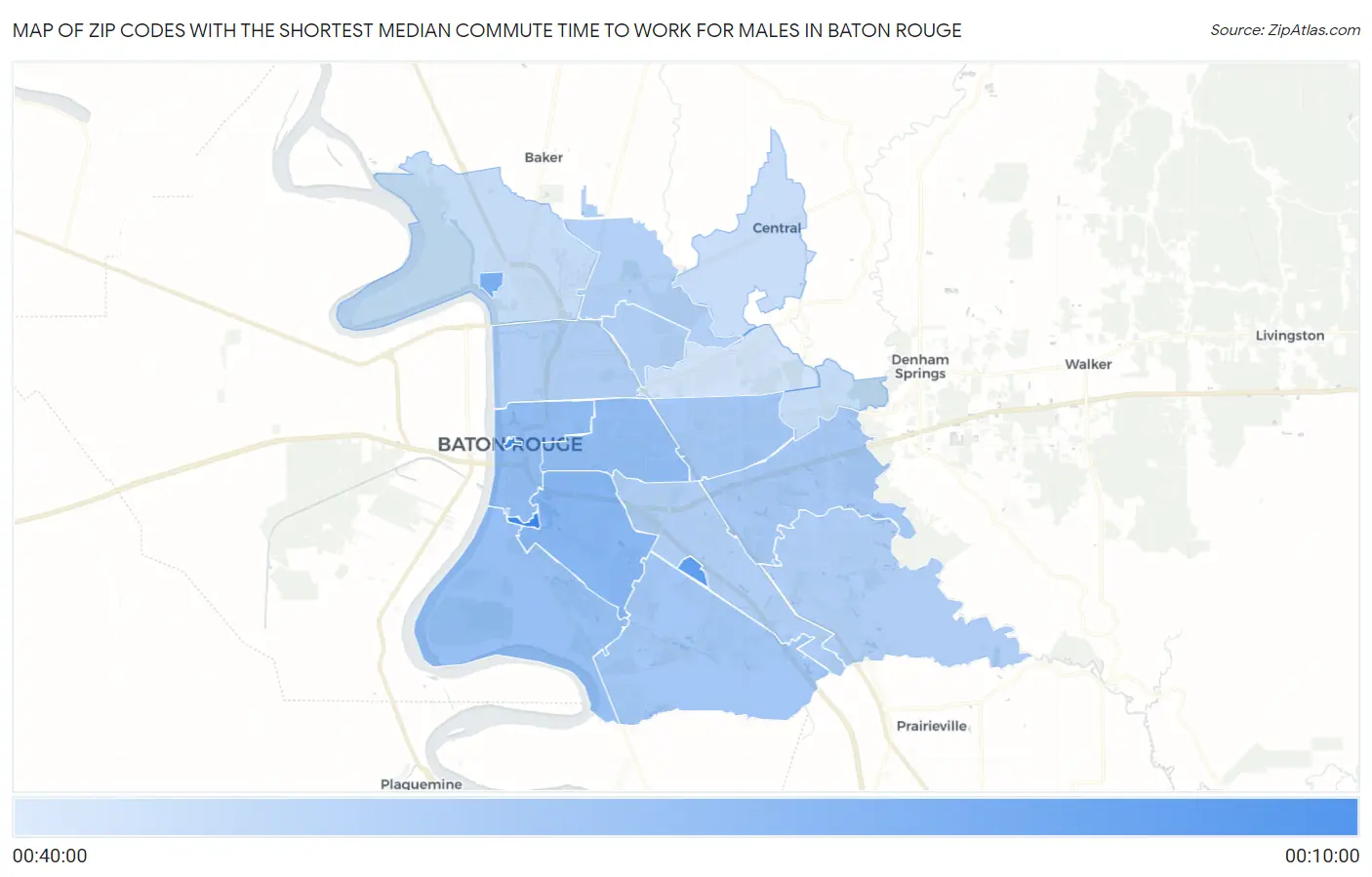 Zip Codes with the Shortest Median Commute Time to Work for Males in Baton Rouge Map