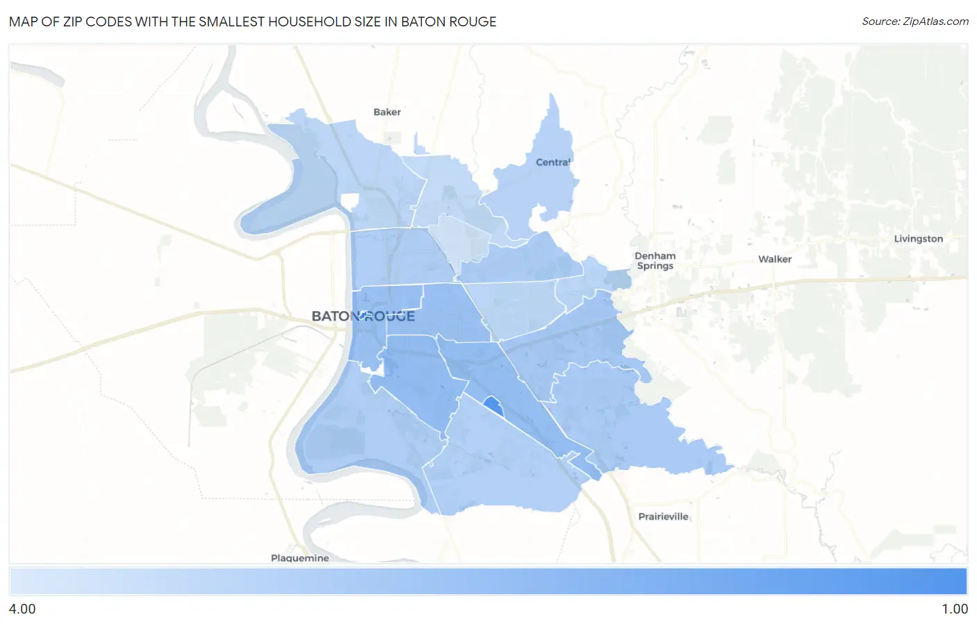 Zip Codes with the Smallest Household Size in Baton Rouge Map