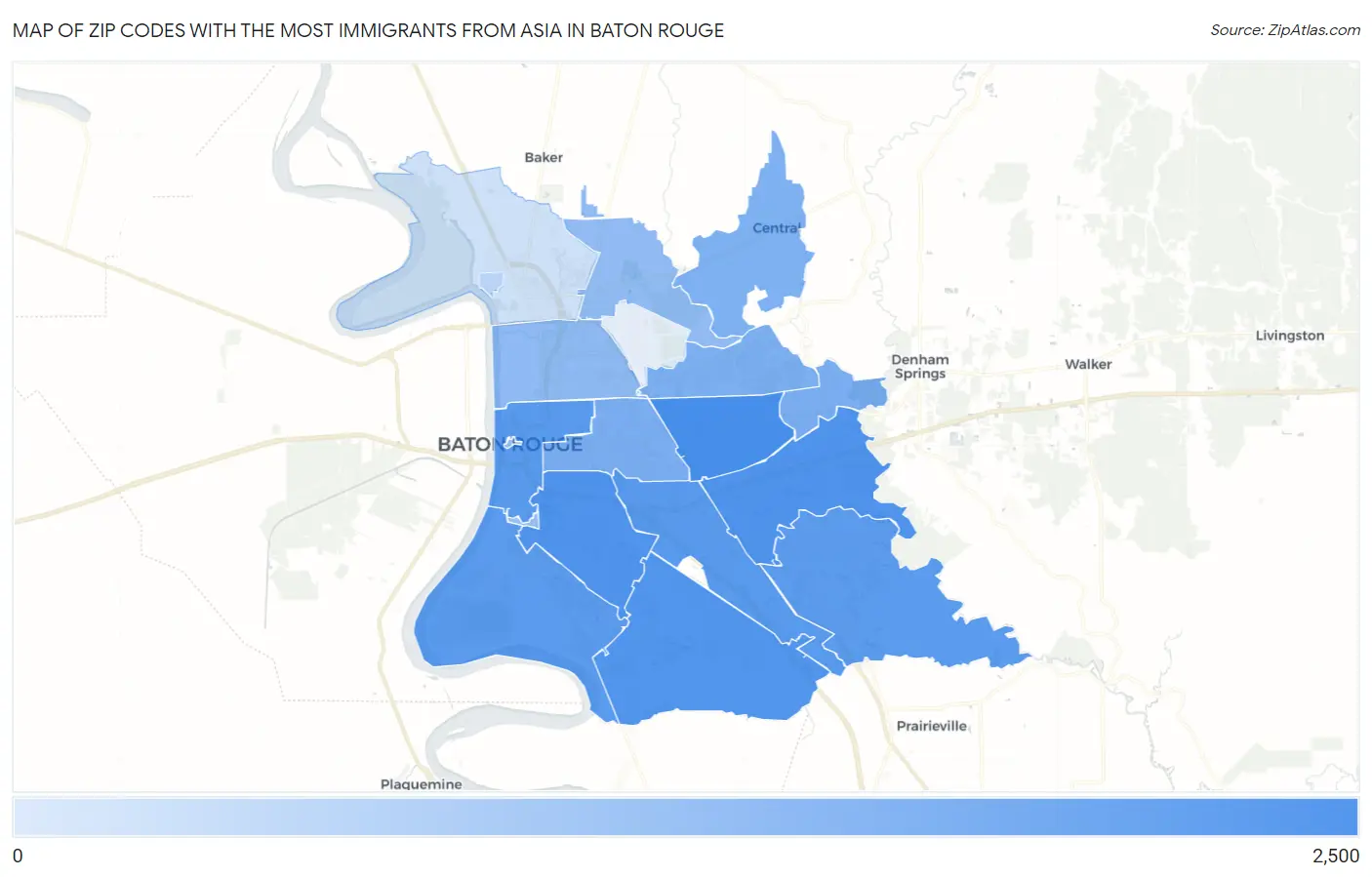 Zip Codes with the Most Immigrants from Asia in Baton Rouge Map