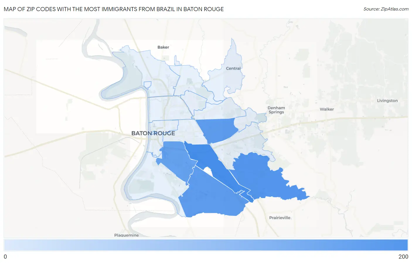 Zip Codes with the Most Immigrants from Brazil in Baton Rouge Map