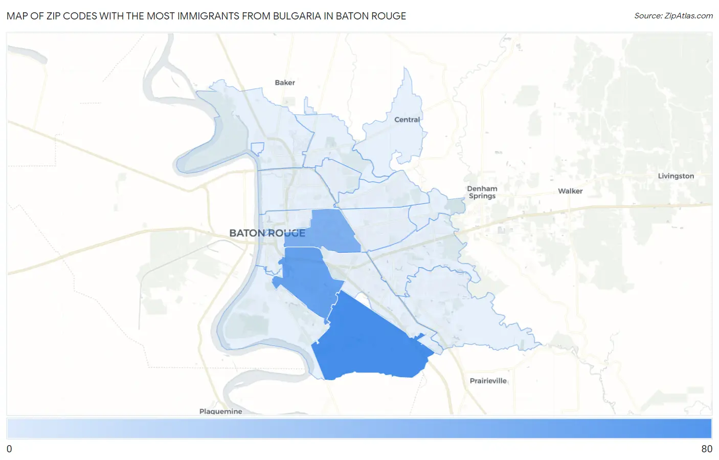 Zip Codes with the Most Immigrants from Bulgaria in Baton Rouge Map