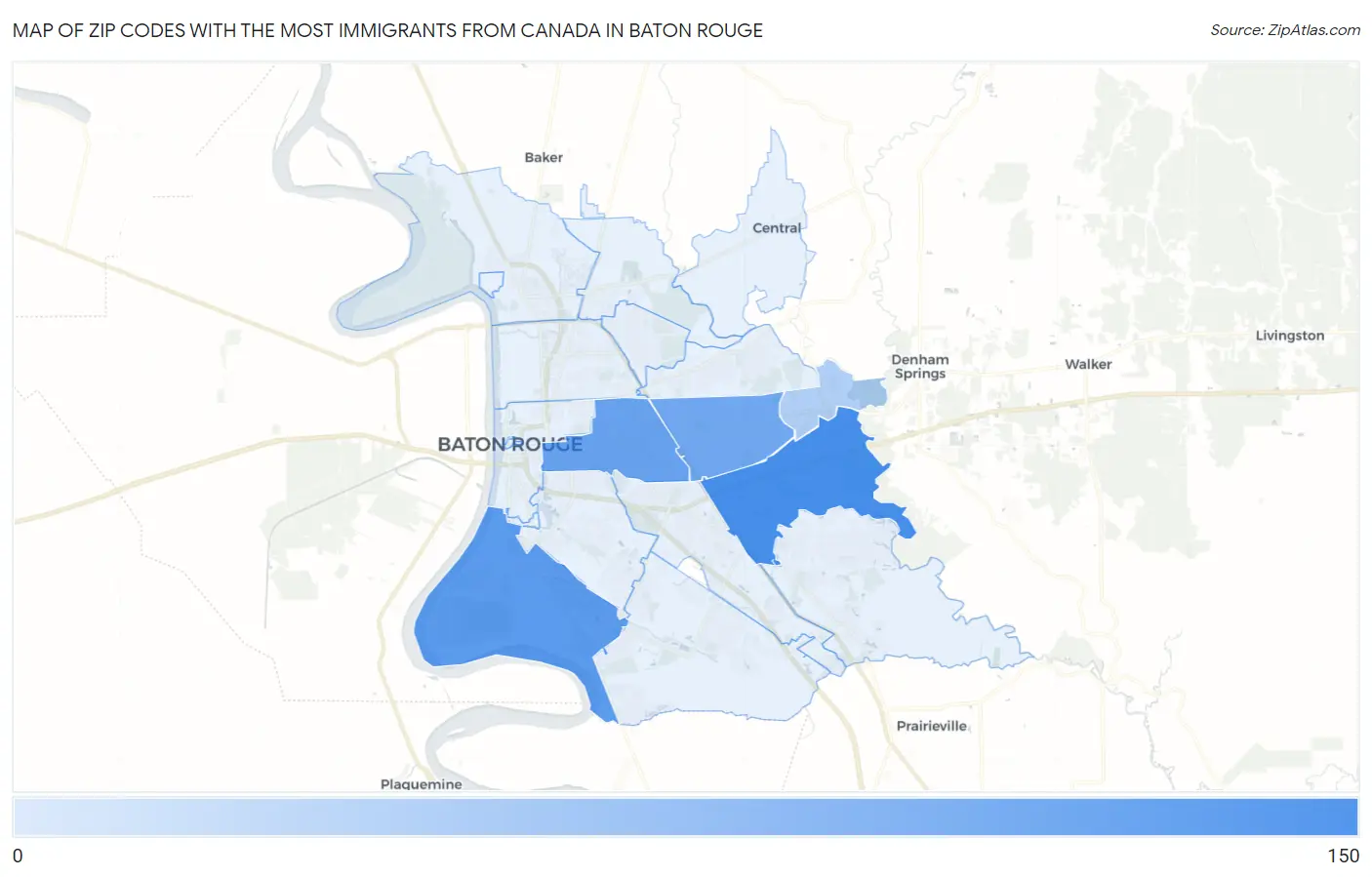 Zip Codes with the Most Immigrants from Canada in Baton Rouge Map