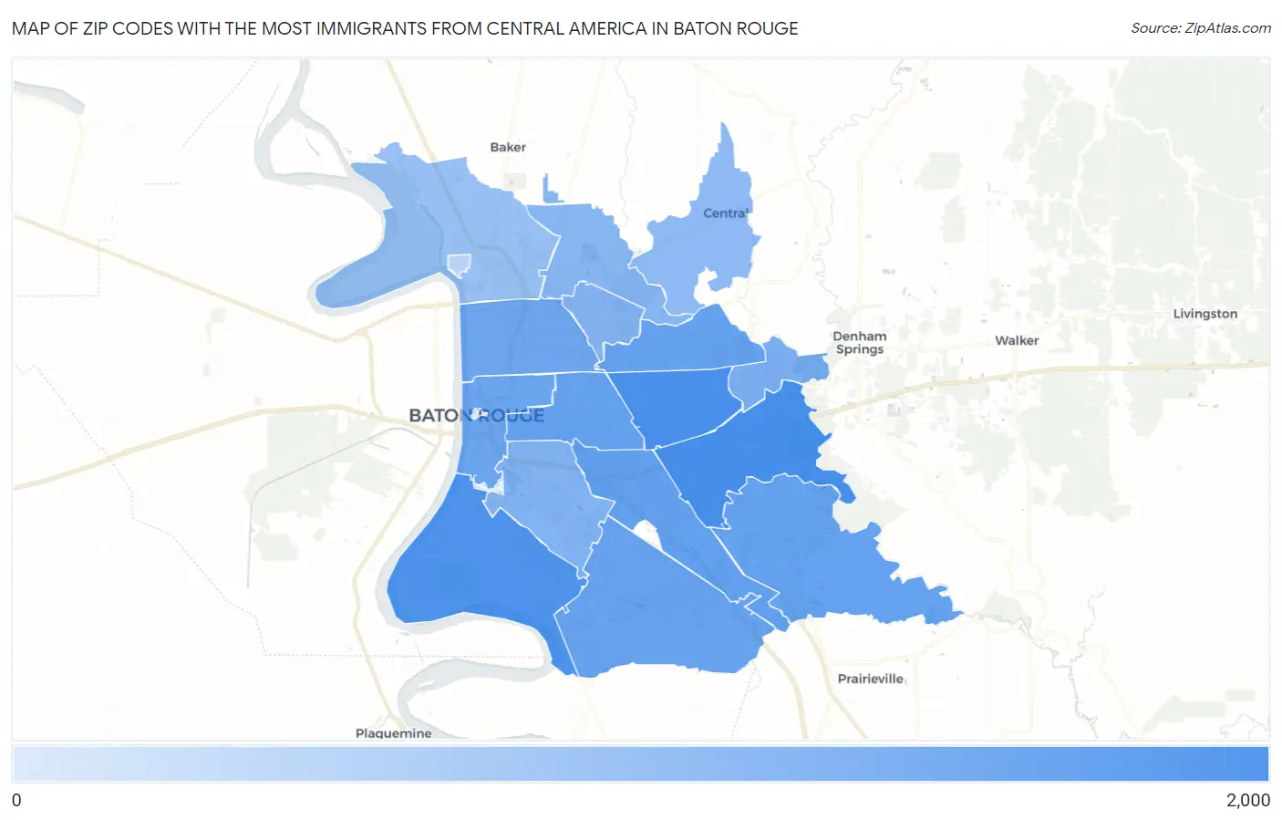 Zip Codes with the Most Immigrants from Central America in Baton Rouge Map