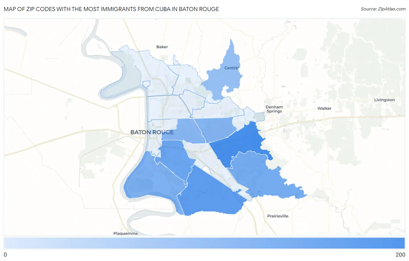 Zip Codes with the Most Immigrants from Cuba in Baton Rouge Map