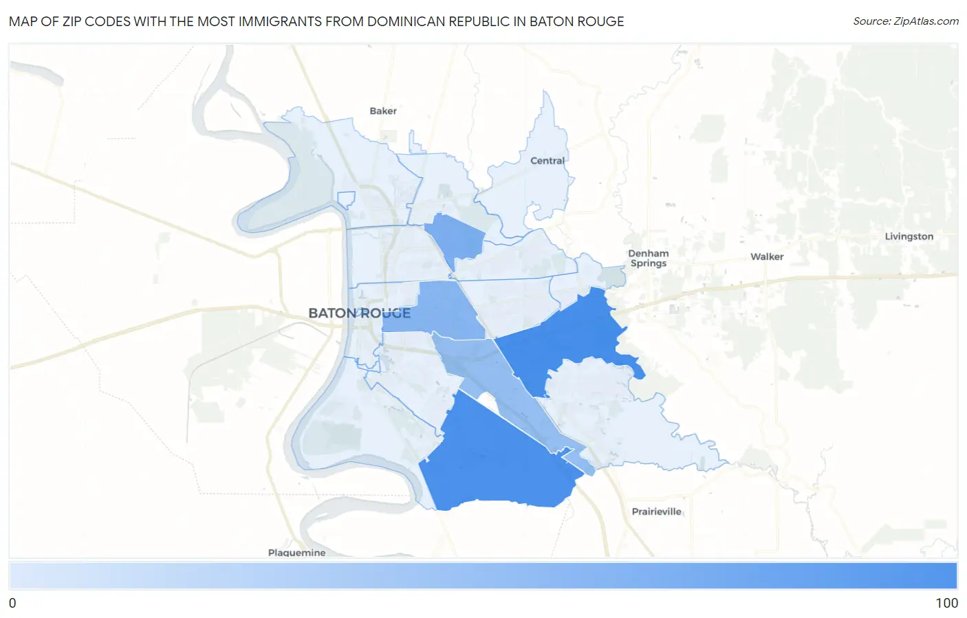 Zip Codes with the Most Immigrants from Dominican Republic in Baton Rouge Map