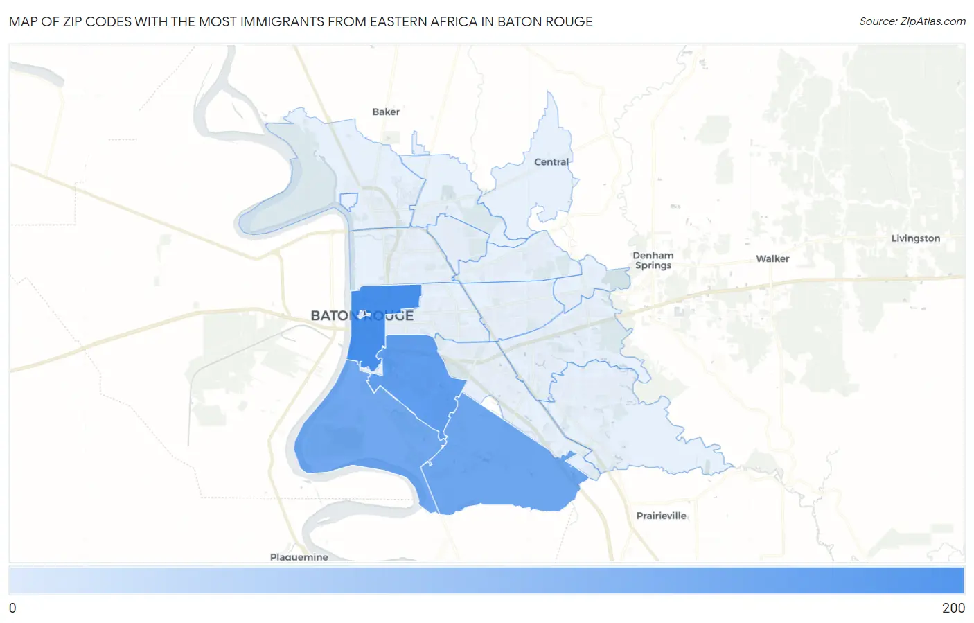 Zip Codes with the Most Immigrants from Eastern Africa in Baton Rouge Map