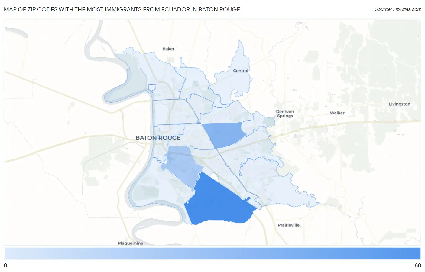Zip Codes with the Most Immigrants from Ecuador in Baton Rouge Map