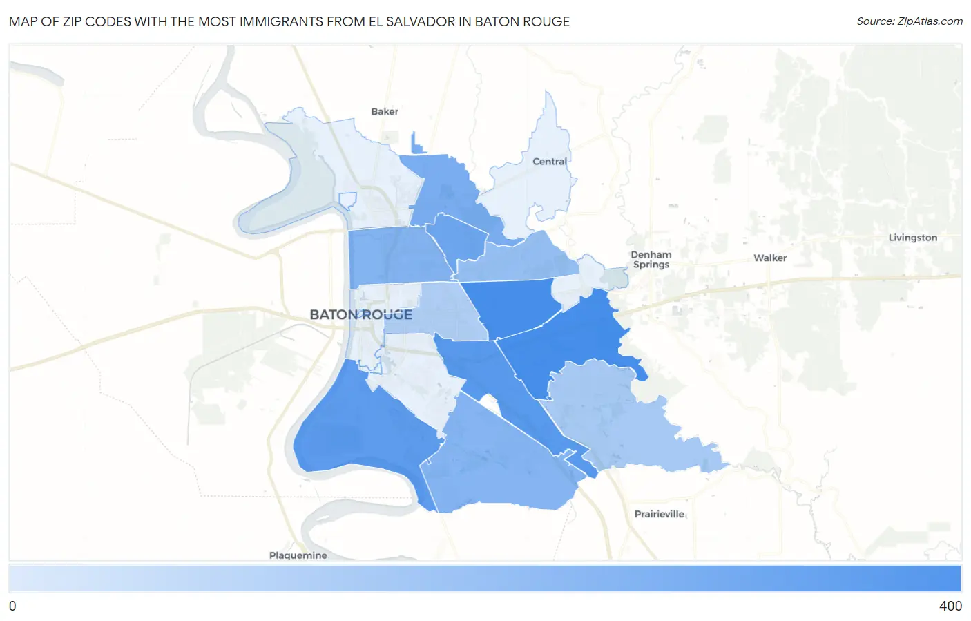 Zip Codes with the Most Immigrants from El Salvador in Baton Rouge Map