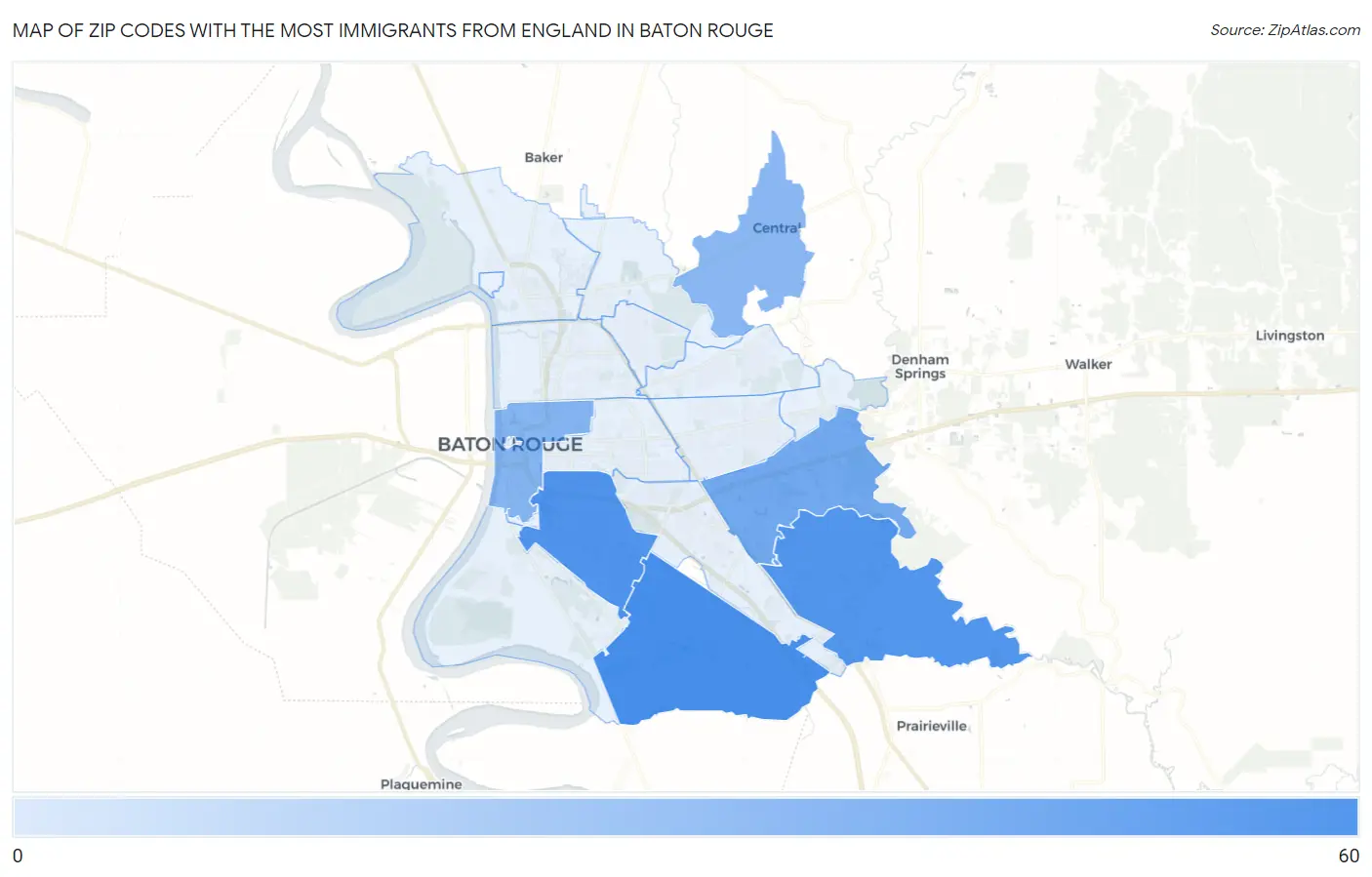 Zip Codes with the Most Immigrants from England in Baton Rouge Map