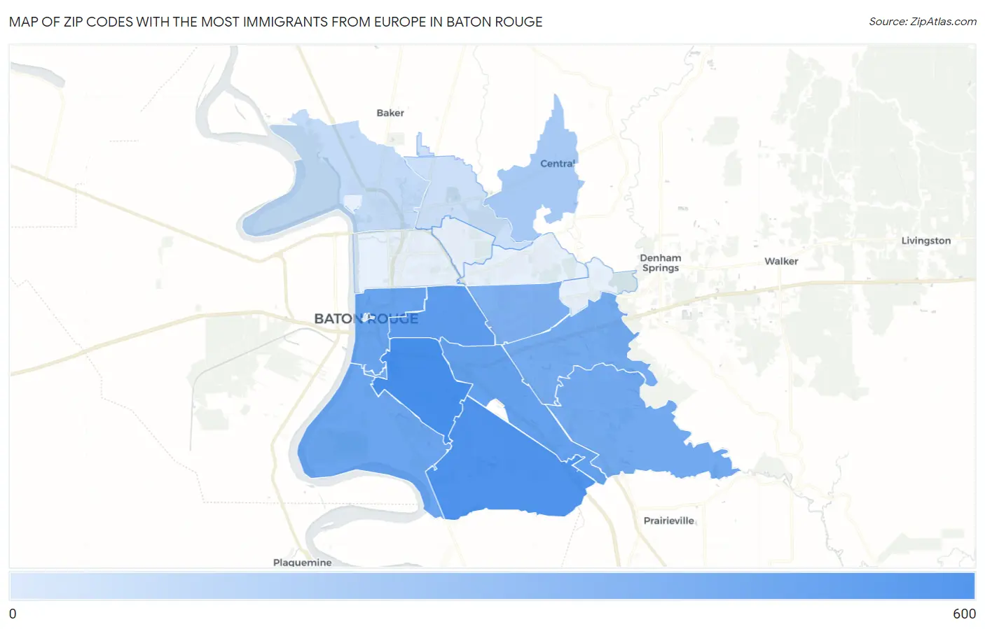Zip Codes with the Most Immigrants from Europe in Baton Rouge Map