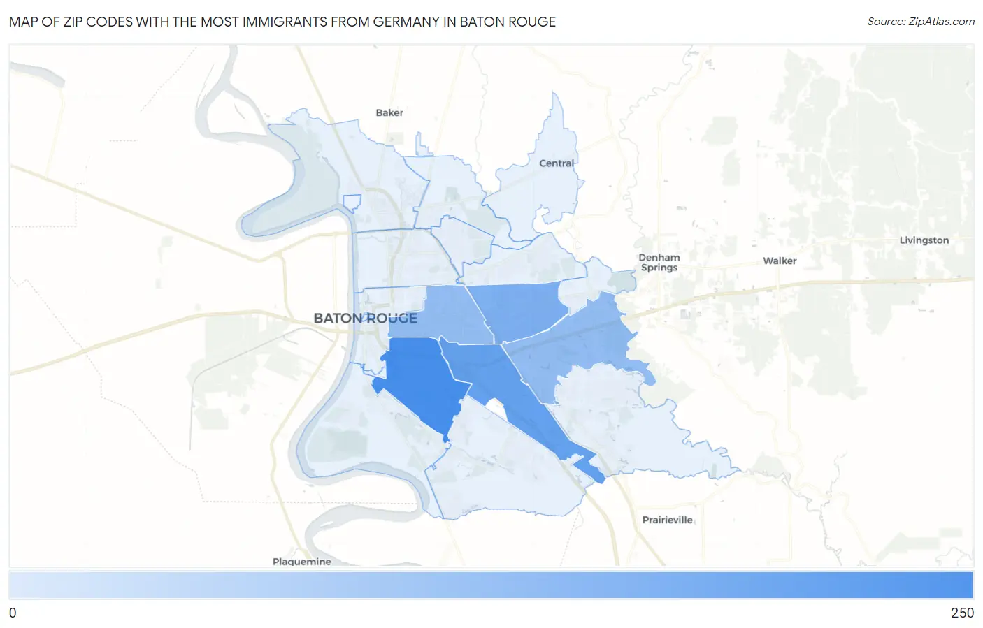 Zip Codes with the Most Immigrants from Germany in Baton Rouge Map