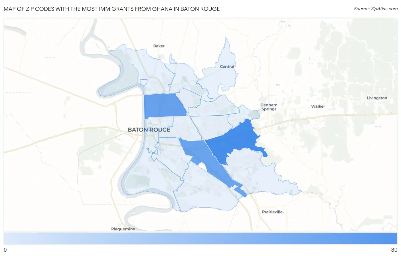 Zip Codes with the Most Immigrants from Ghana in Baton Rouge Map