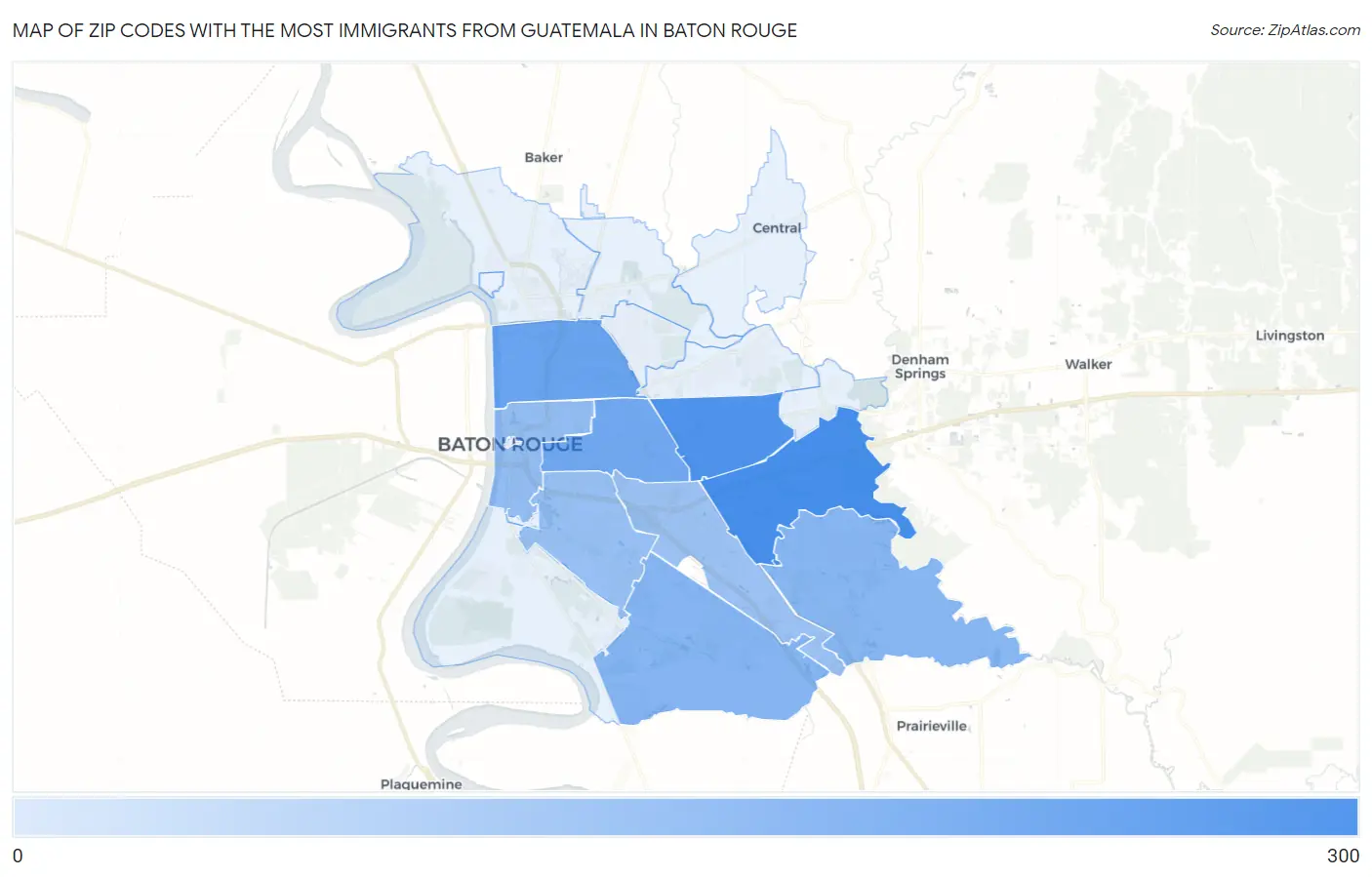 Zip Codes with the Most Immigrants from Guatemala in Baton Rouge Map