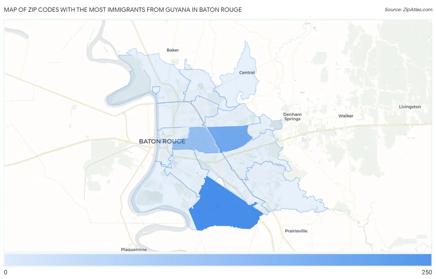 Zip Codes with the Most Immigrants from Guyana in Baton Rouge Map