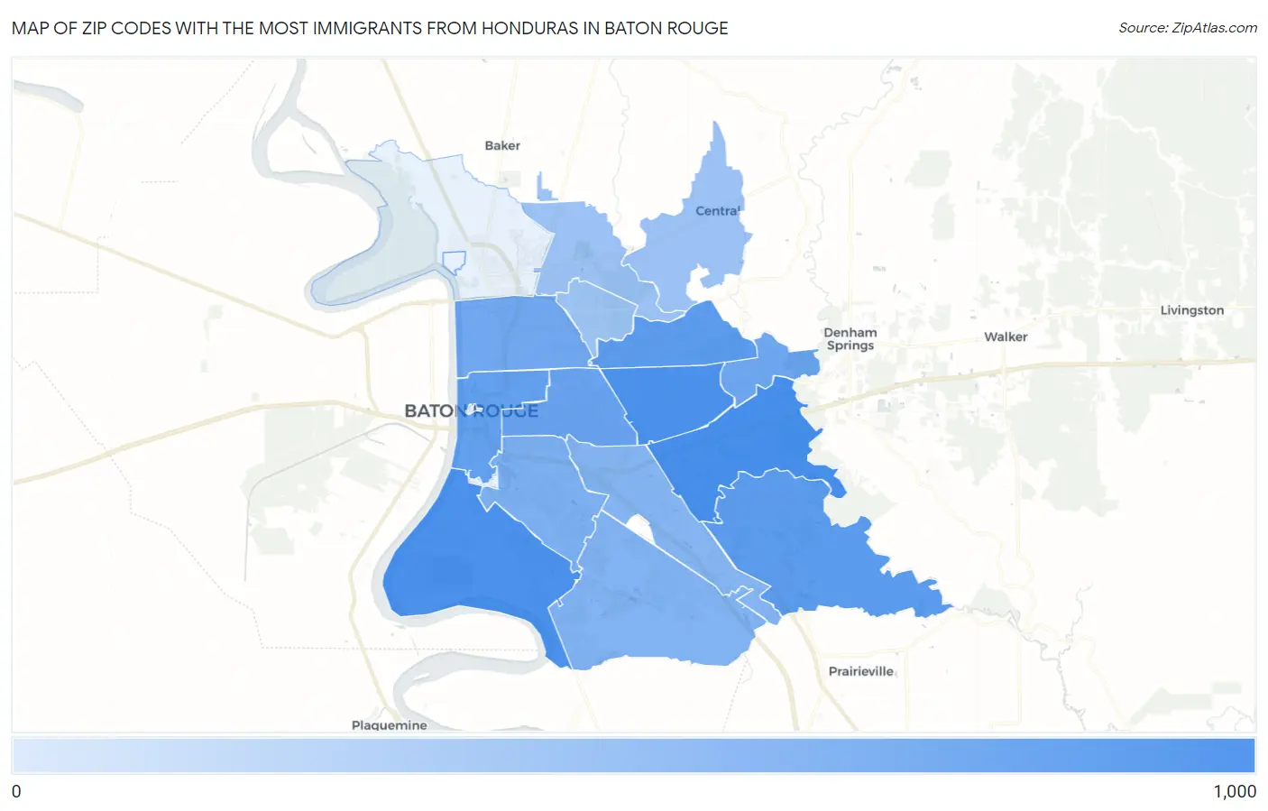 Zip Codes with the Most Immigrants from Honduras in Baton Rouge Map