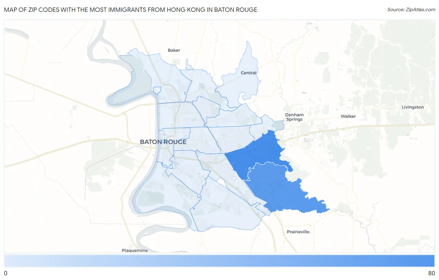 Zip Codes with the Most Immigrants from Hong Kong in Baton Rouge Map