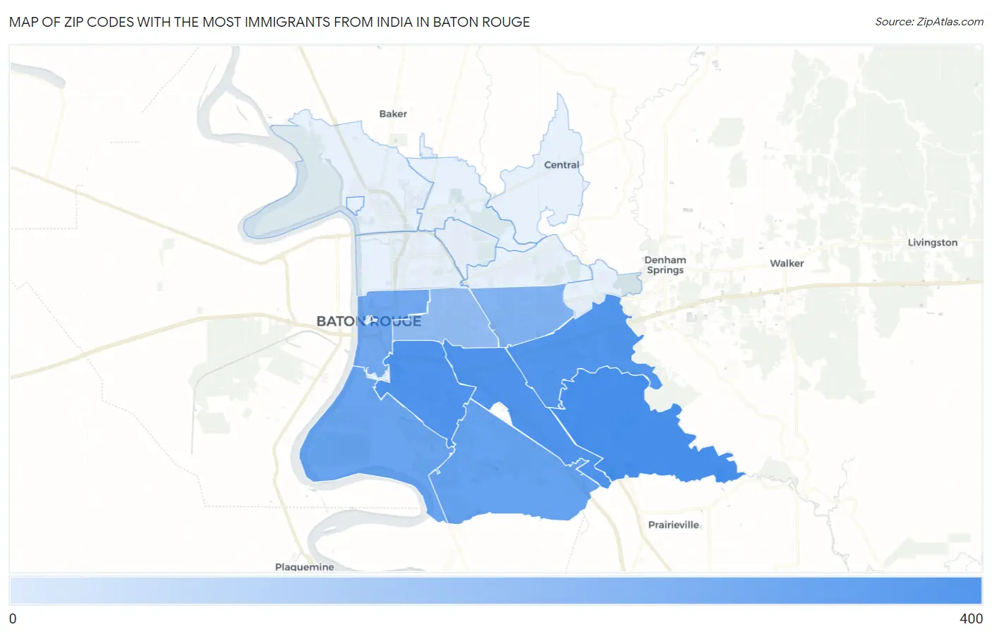 Zip Codes with the Most Immigrants from India in Baton Rouge Map