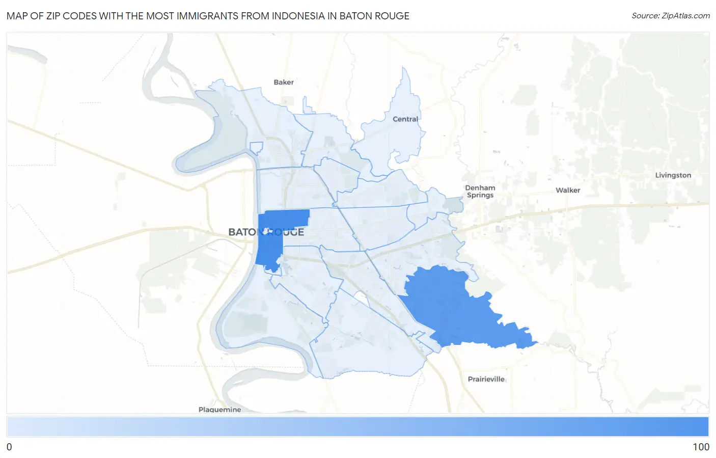 Zip Codes with the Most Immigrants from Indonesia in Baton Rouge Map