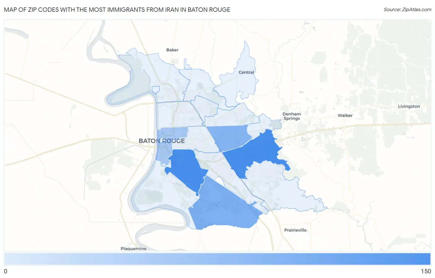 Zip Codes with the Most Immigrants from Iran in Baton Rouge Map