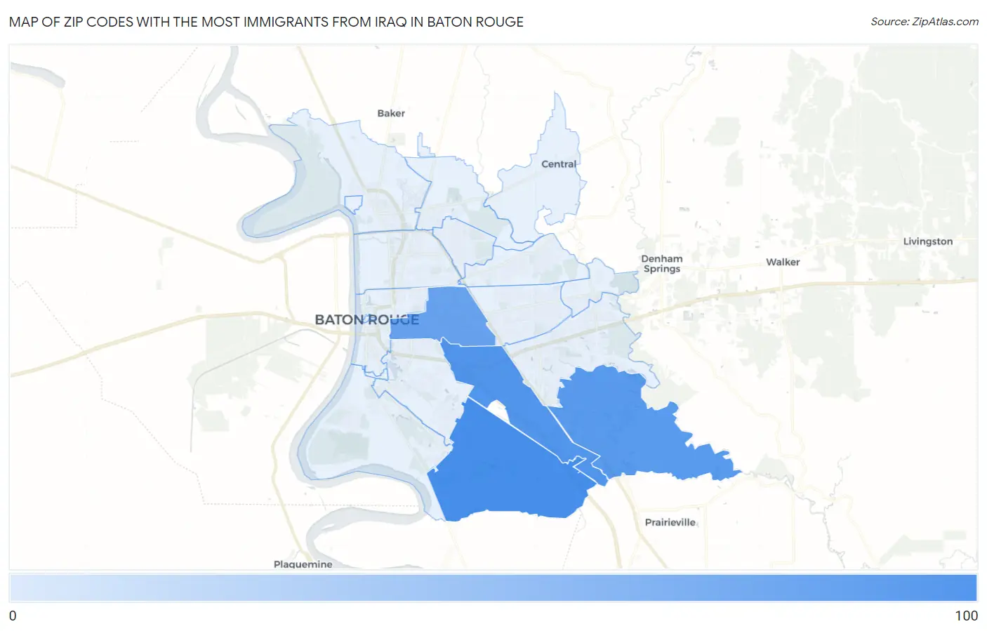 Zip Codes with the Most Immigrants from Iraq in Baton Rouge Map