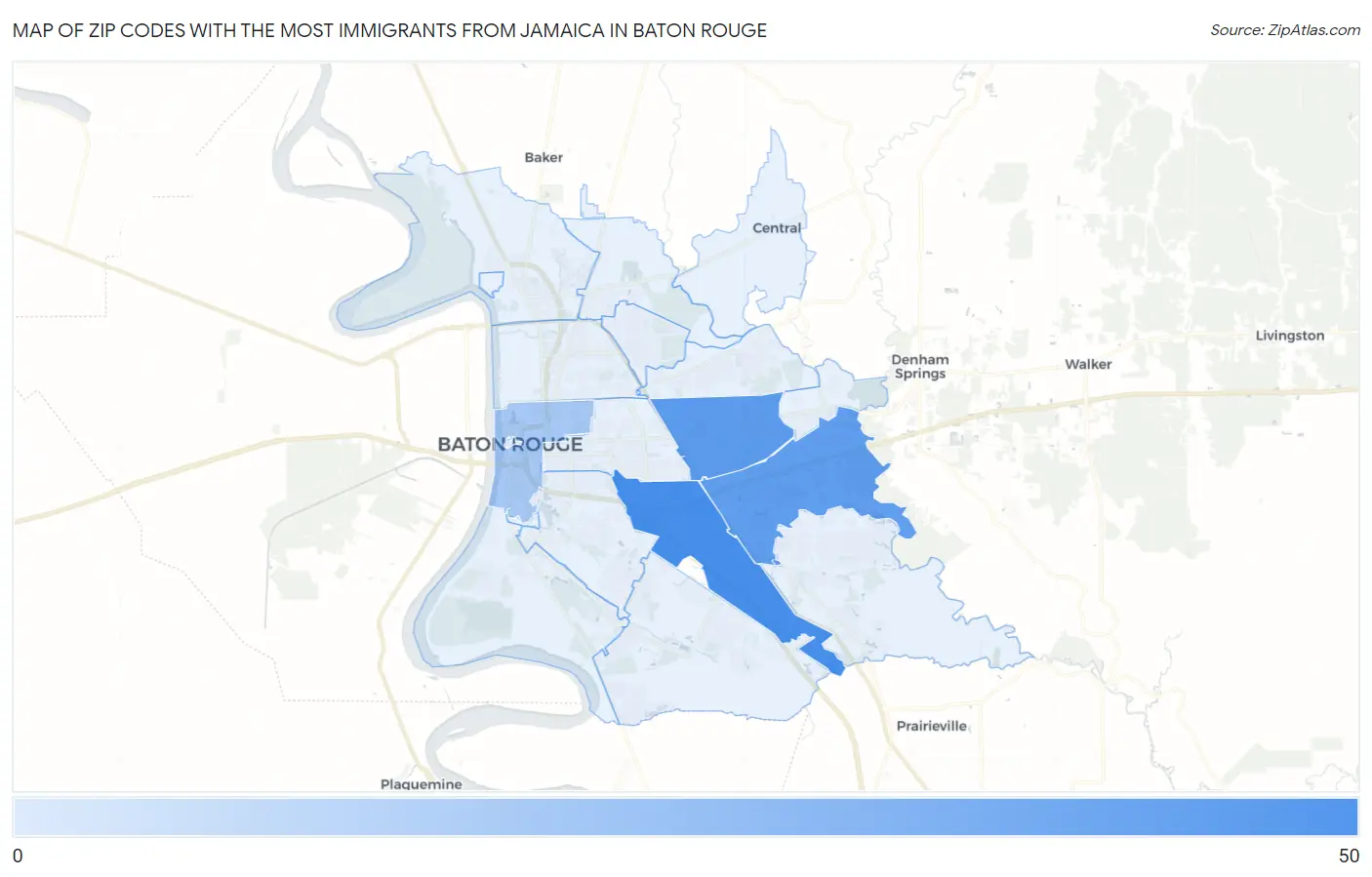 Zip Codes with the Most Immigrants from Jamaica in Baton Rouge Map
