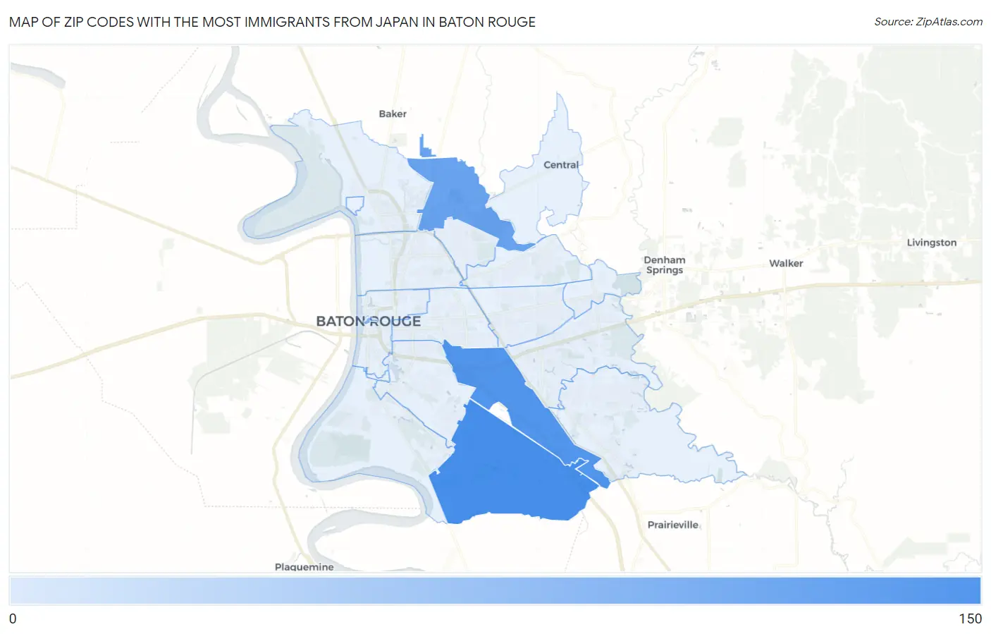 Zip Codes with the Most Immigrants from Japan in Baton Rouge Map