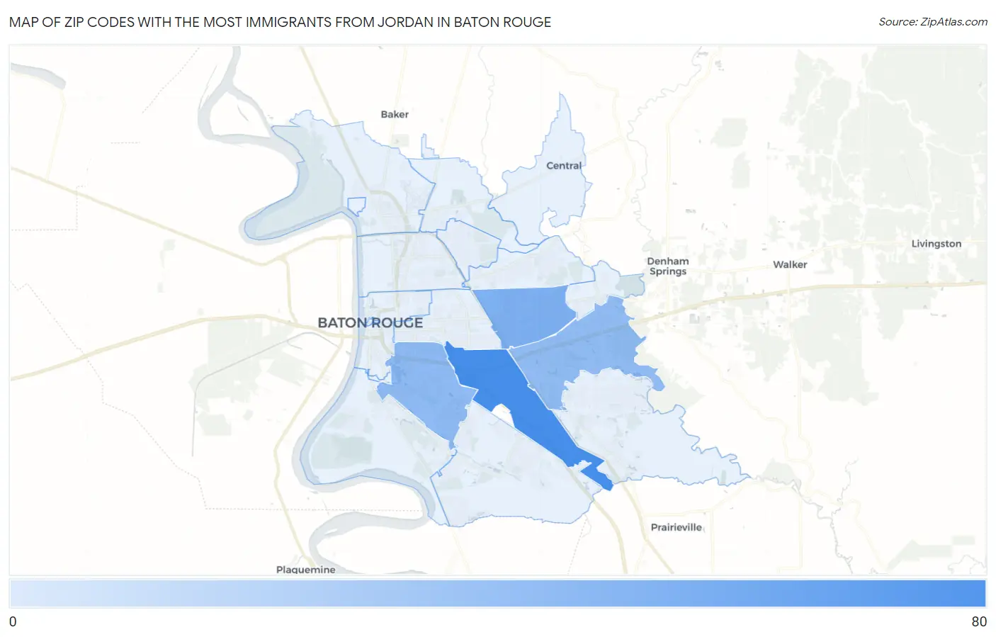 Zip Codes with the Most Immigrants from Jordan in Baton Rouge Map